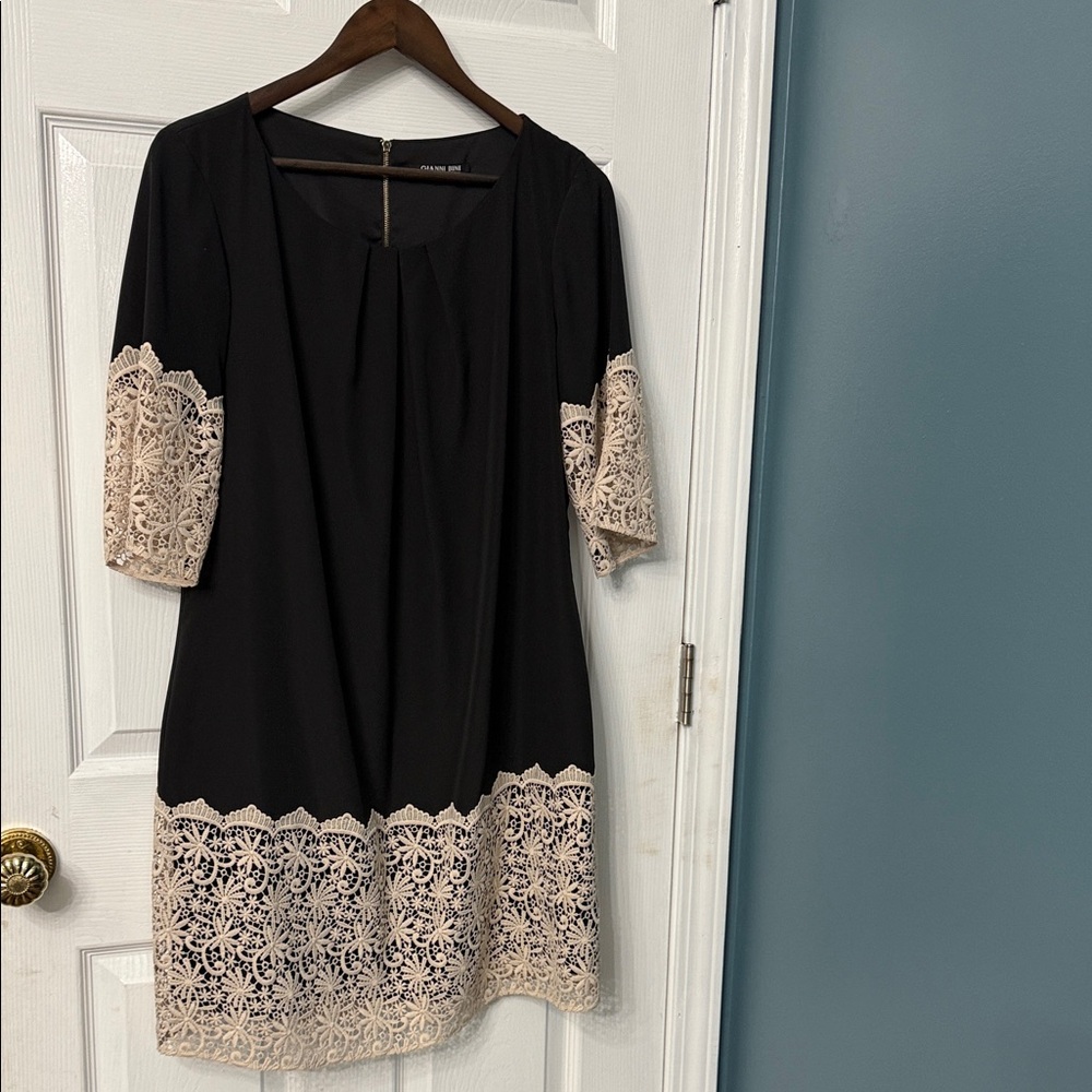 Gianni Bini Black Shift Dress with Cream Lace Accents